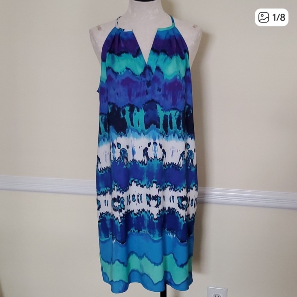 Donna Morgan Turquoise and Indigo Tie-Dye Silk Slip Dress/ Beach Cover Up